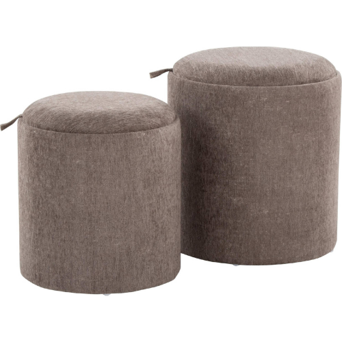 Tray Nesting Ottoman Set in Brown Fabric & Natural Wood